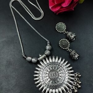 Ethnic German Silver Pendant Necklace Set | Ghungroo Detailing Jewelry