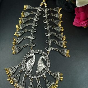 Ethnic Silver Plated Bird Design Necklace with Beautiful Golden Beads Work