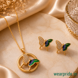 Gold & green round butterfly pendant chain