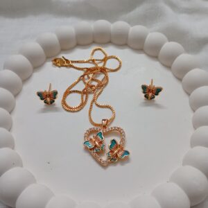Heart shape pink blue stone butterfly pendant set