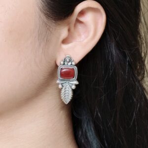 Vintage Look Silver Replica Leaf Design Stud Earrings | Monalisa Stone Best Jewelry For Girls