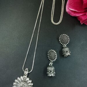 Flower Design German Silver Chain Pendant Necklace Set for Women Traditional Ethnic Jewelry