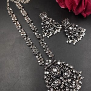 Silver Peacock Necklace Set Traditional Jewelry for Pearl Work Detailing